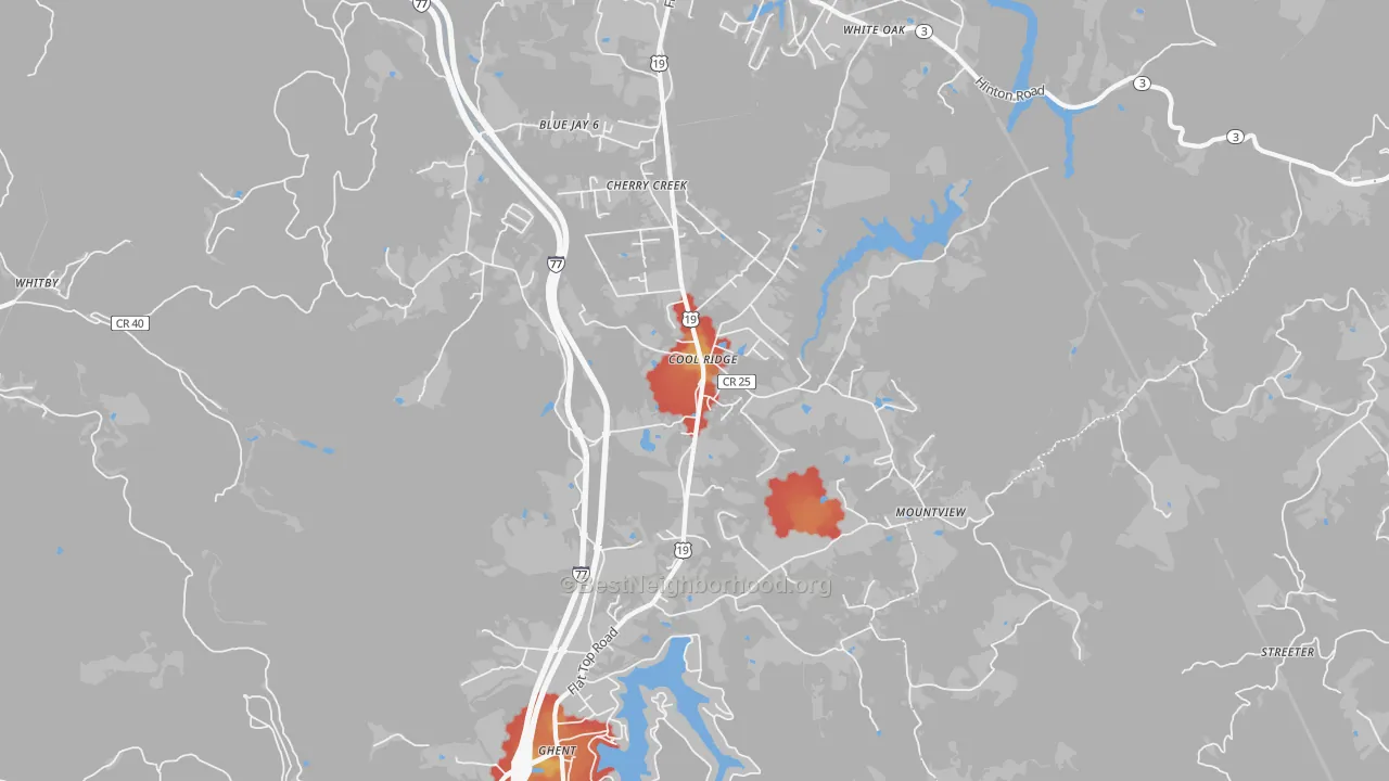 Walk Grade map of 25825, WV, walkable areas in green and car-dependent areas in red