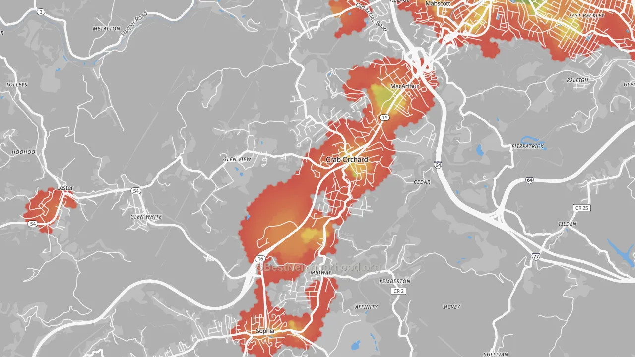 Walk Grade map of 25827, WV, walkable areas in green and car-dependent areas in red