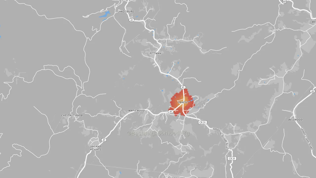 Walk Grade map of 25831, WV, walkable areas in green and car-dependent areas in red