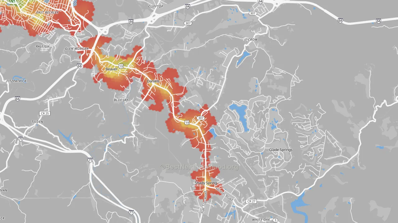 Walk Grade map of 25832, WV, walkable areas in green and car-dependent areas in red