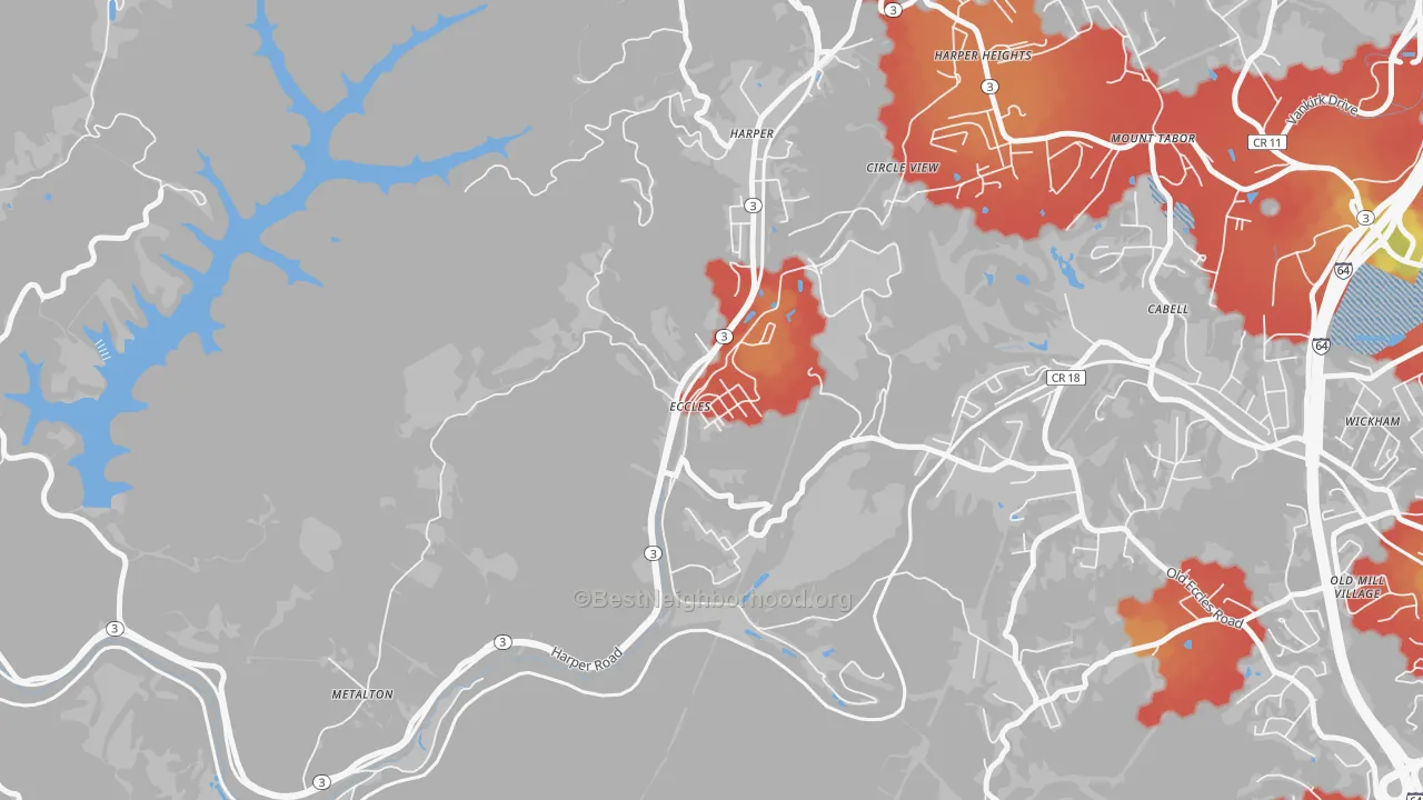 Walk Grade map of 25836, WV, walkable areas in green and car-dependent areas in red