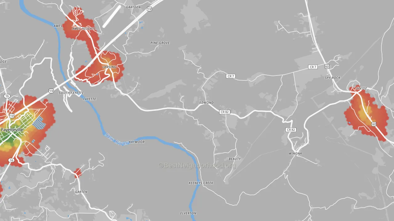 Walk Grade map of 25837, WV, walkable areas in green and car-dependent areas in red
