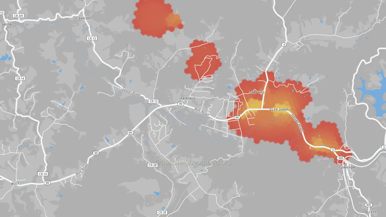 Walk Grade map of 25839, WV, walkable areas in green and car-dependent areas in red