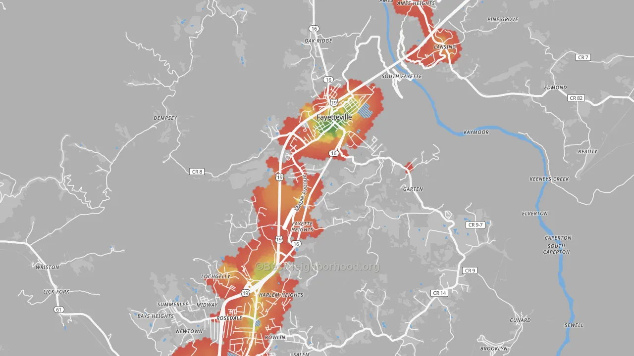 Walk Grade map of 25840, WV, walkable areas in green and car-dependent areas in red