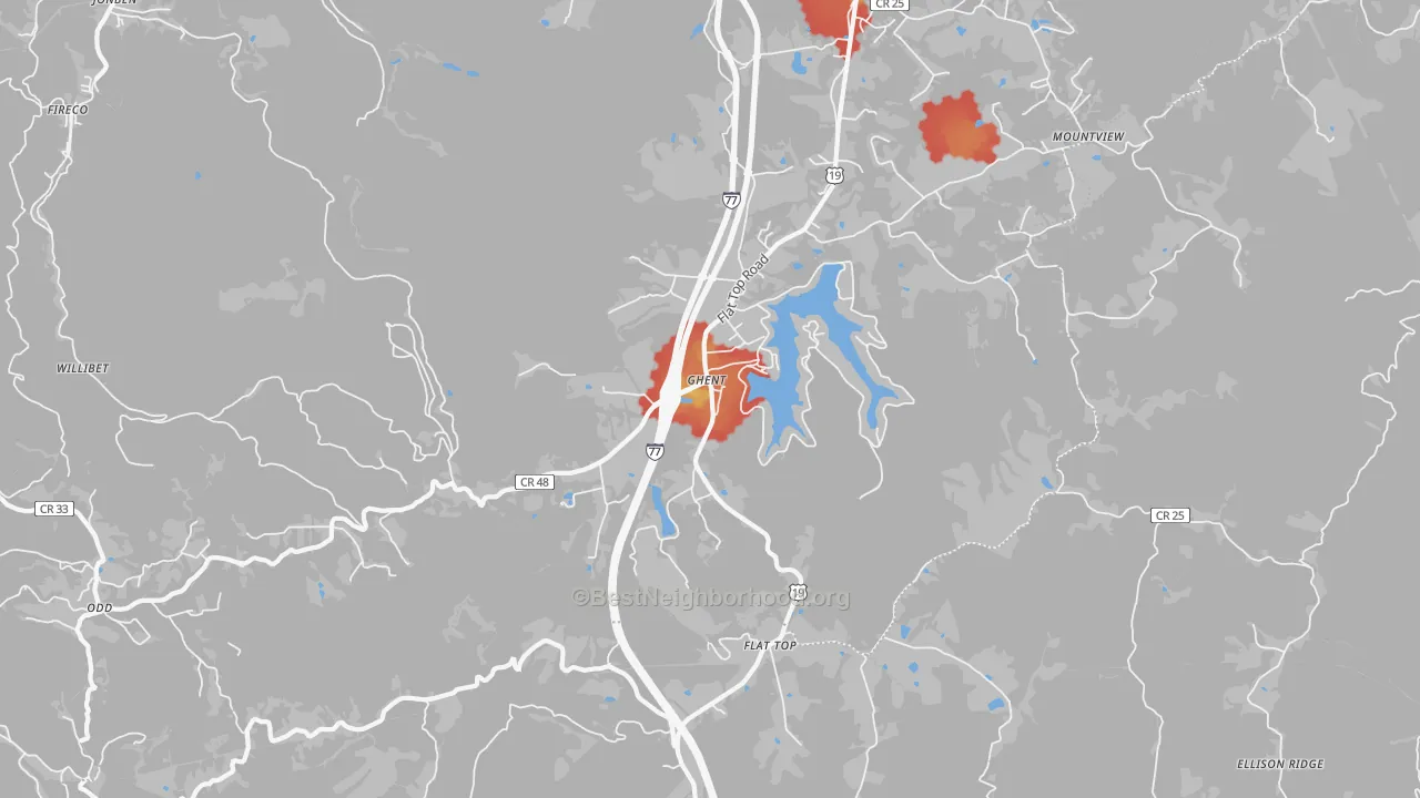Walk Grade map of 25843, WV, walkable areas in green and car-dependent areas in red