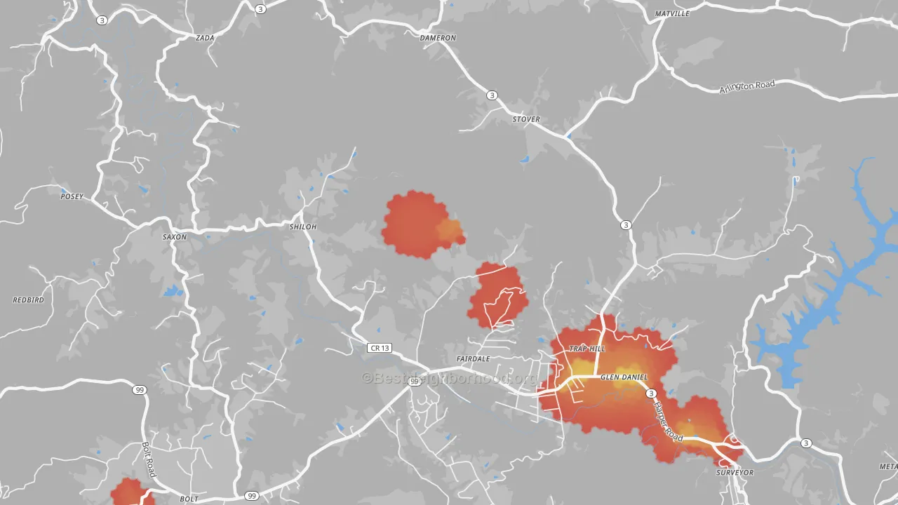 Walk Grade map of 25844, WV, walkable areas in green and car-dependent areas in red