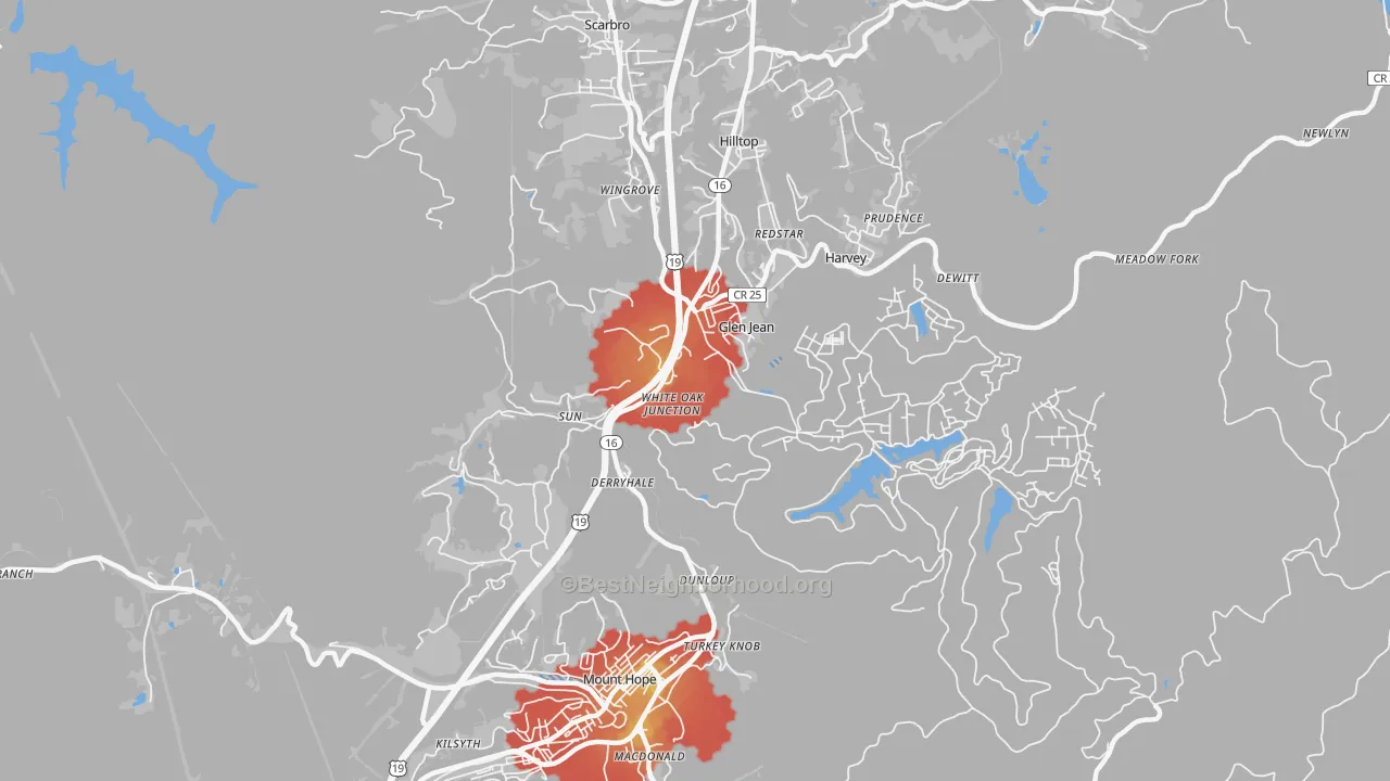 Walk Grade map of 25846, WV, walkable areas in green and car-dependent areas in red