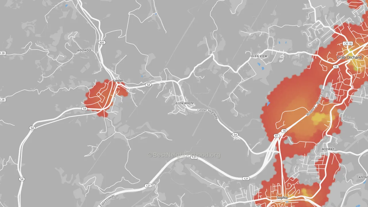 Walk Grade map of 25849, WV, walkable areas in green and car-dependent areas in red