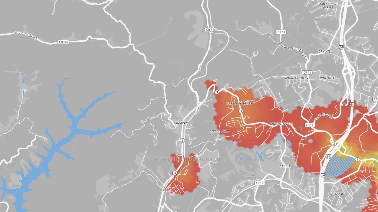 Walk Grade map of 25851, WV, walkable areas in green and car-dependent areas in red