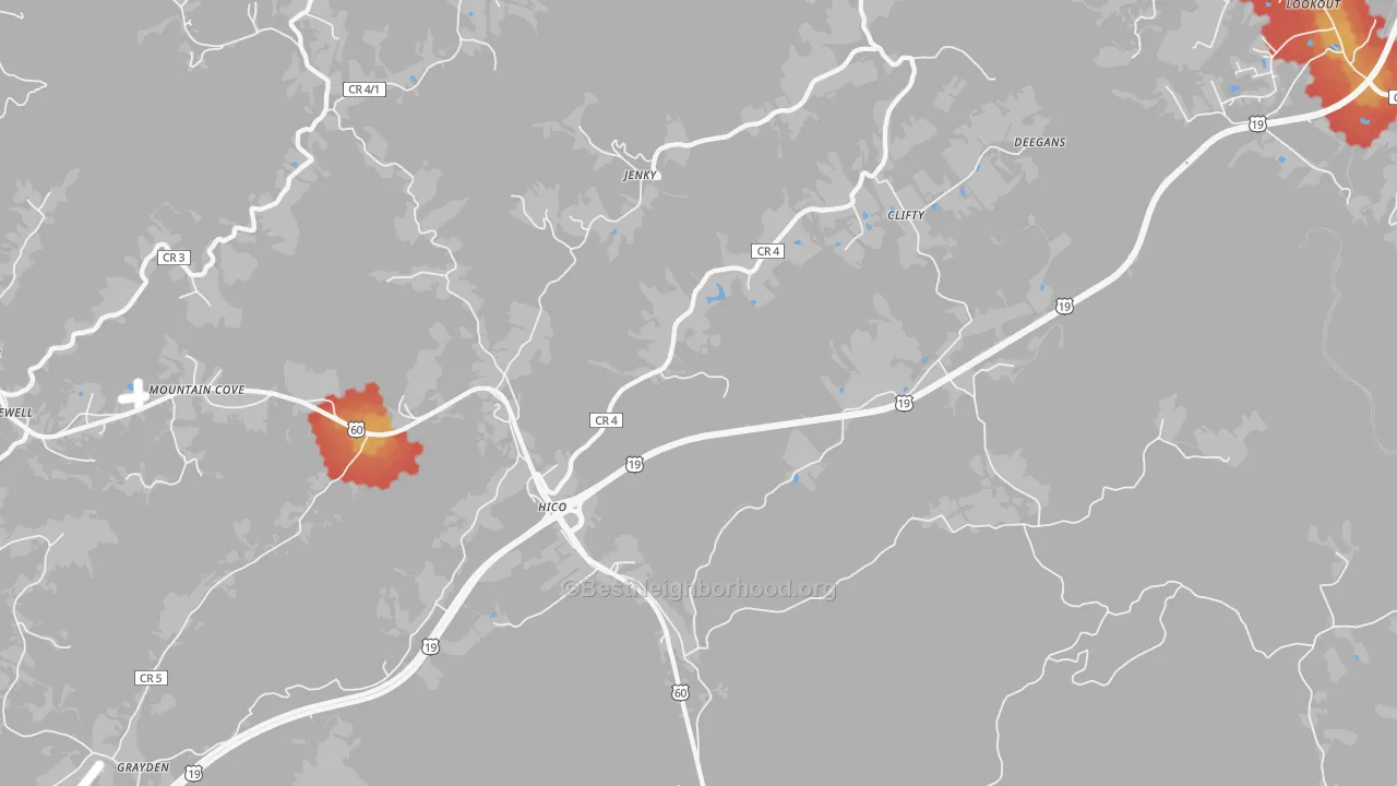 Walk Grade map of 25854, WV, walkable areas in green and car-dependent areas in red
