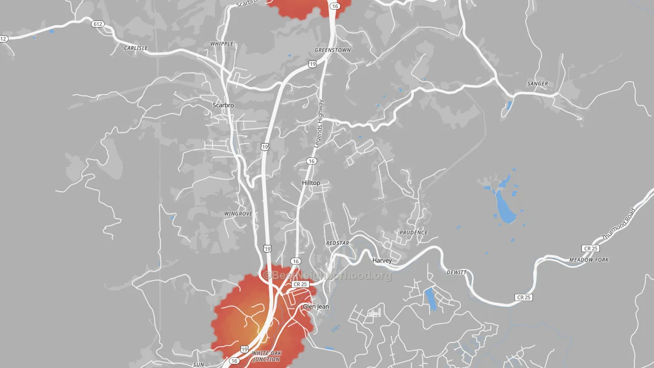 Walk Grade map of 25855, WV, walkable areas in green and car-dependent areas in red