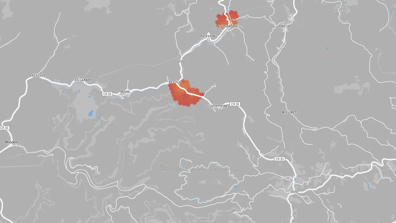 Walk Grade map of 25857, WV, walkable areas in green and car-dependent areas in red