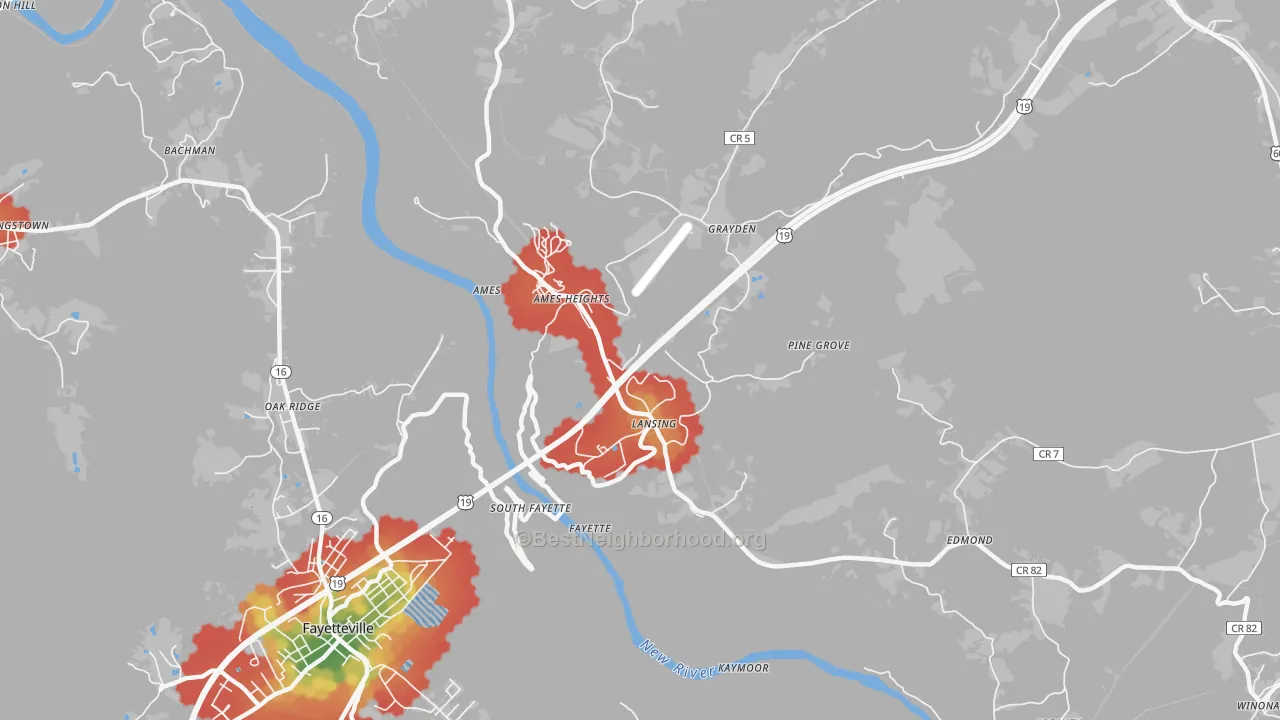 Walk Grade map of 25862, WV, walkable areas in green and car-dependent areas in red