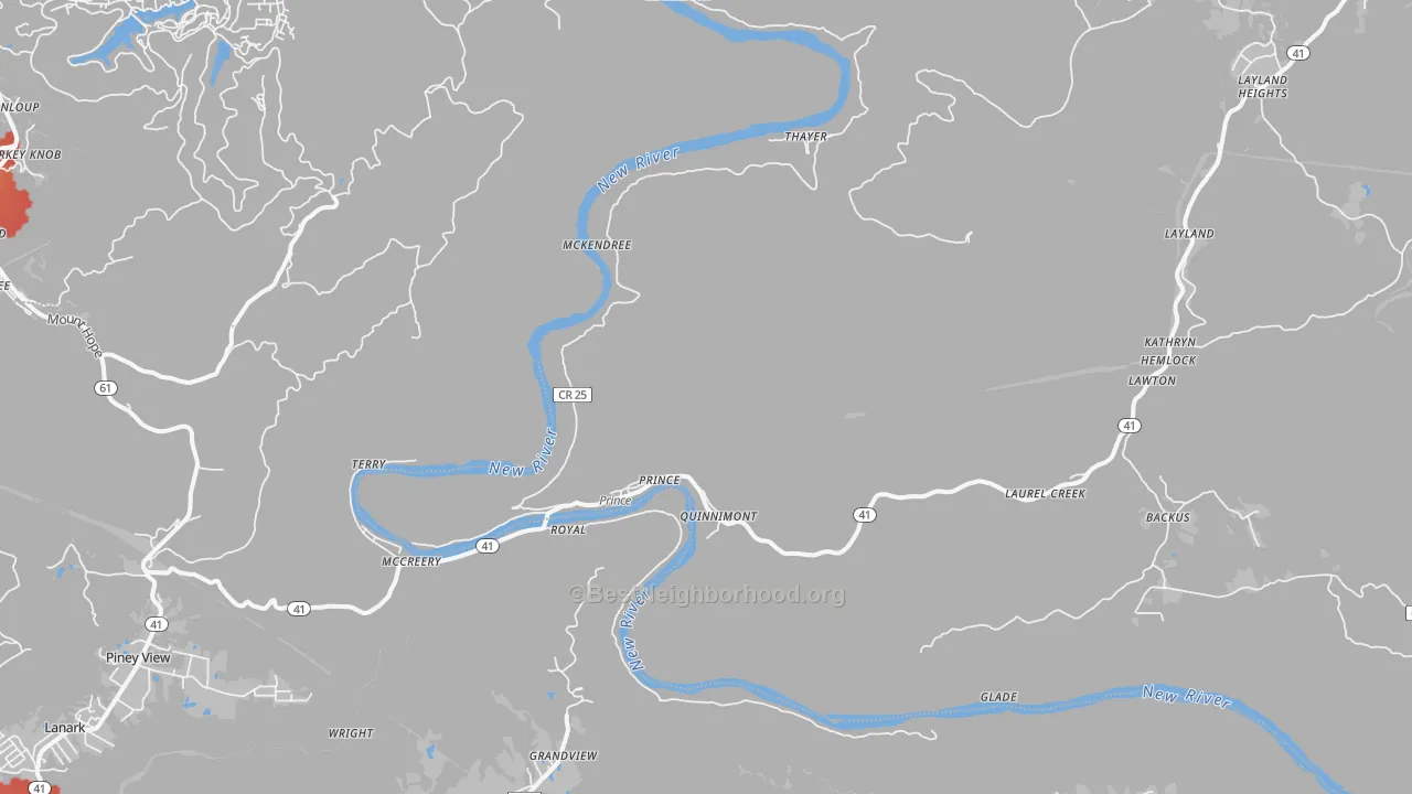 Walk Grade map of 25864, WV, walkable areas in green and car-dependent areas in red