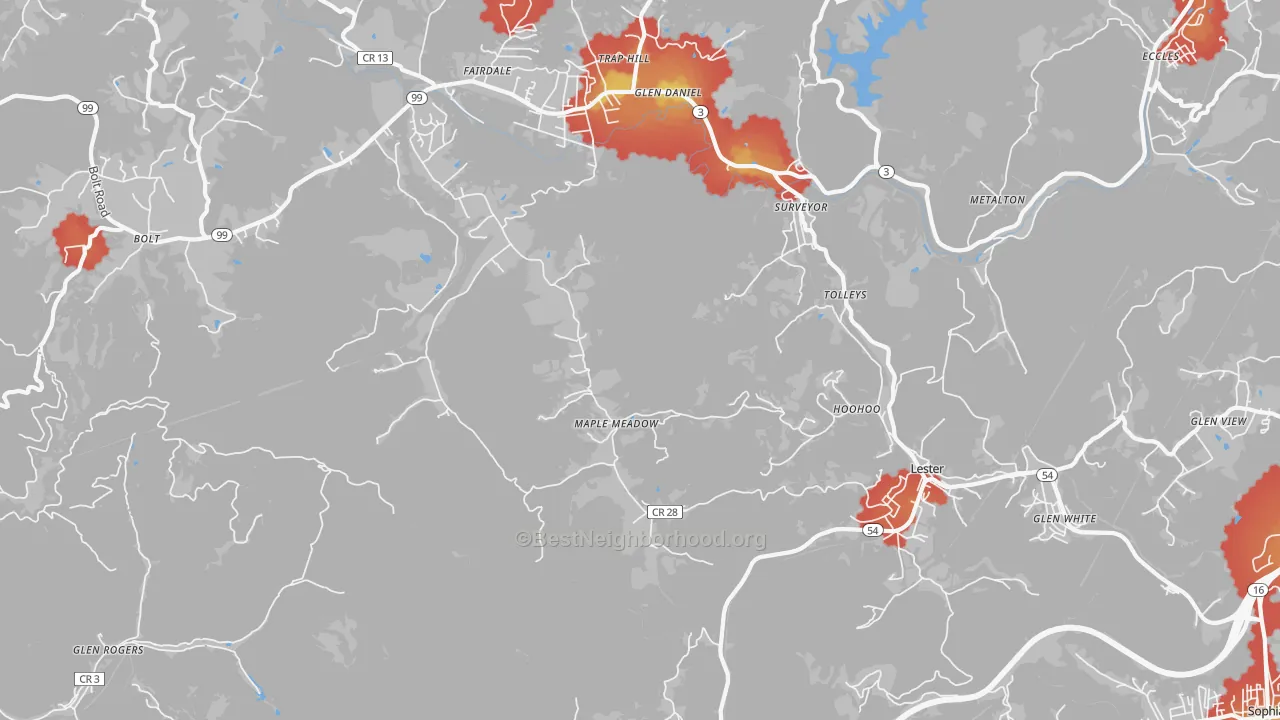 Walk Grade map of 25865, WV, walkable areas in green and car-dependent areas in red