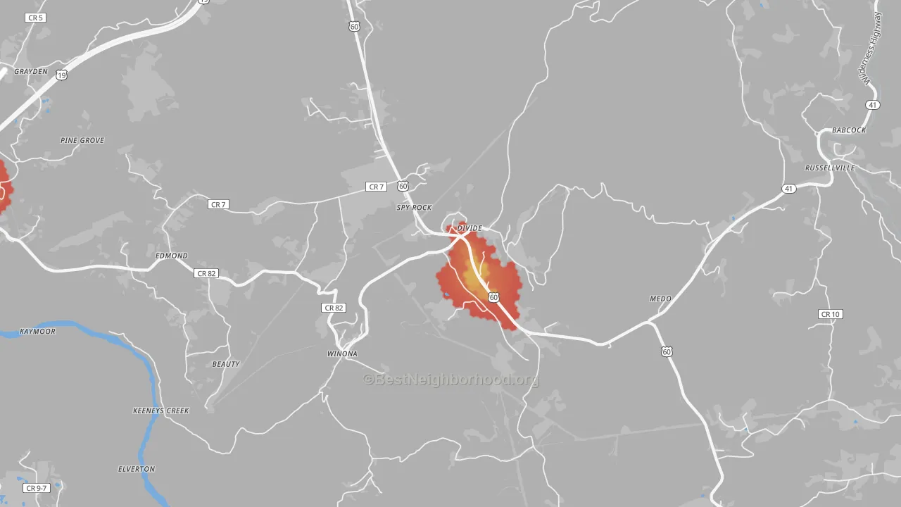 Walk Grade map of 25868, WV, walkable areas in green and car-dependent areas in red