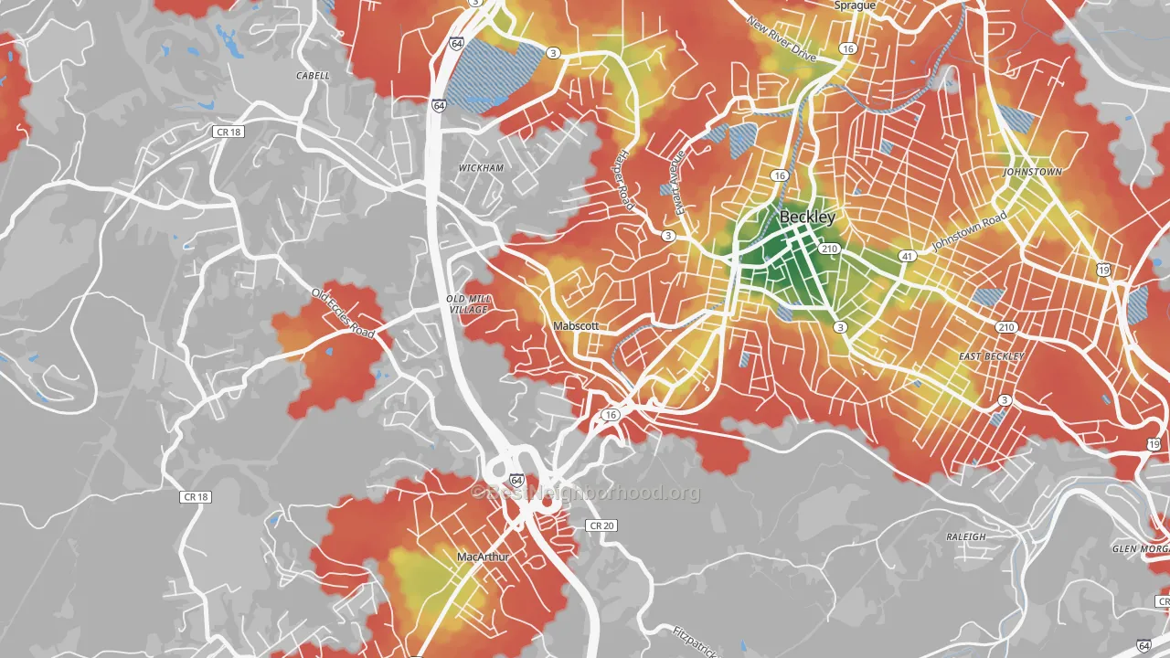 Walk Grade map of 25871, WV, walkable areas in green and car-dependent areas in red