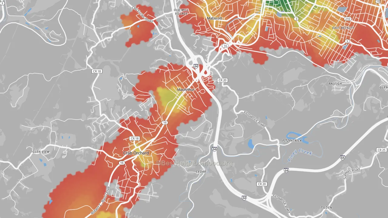 Walk Grade map of 25873, WV, walkable areas in green and car-dependent areas in red