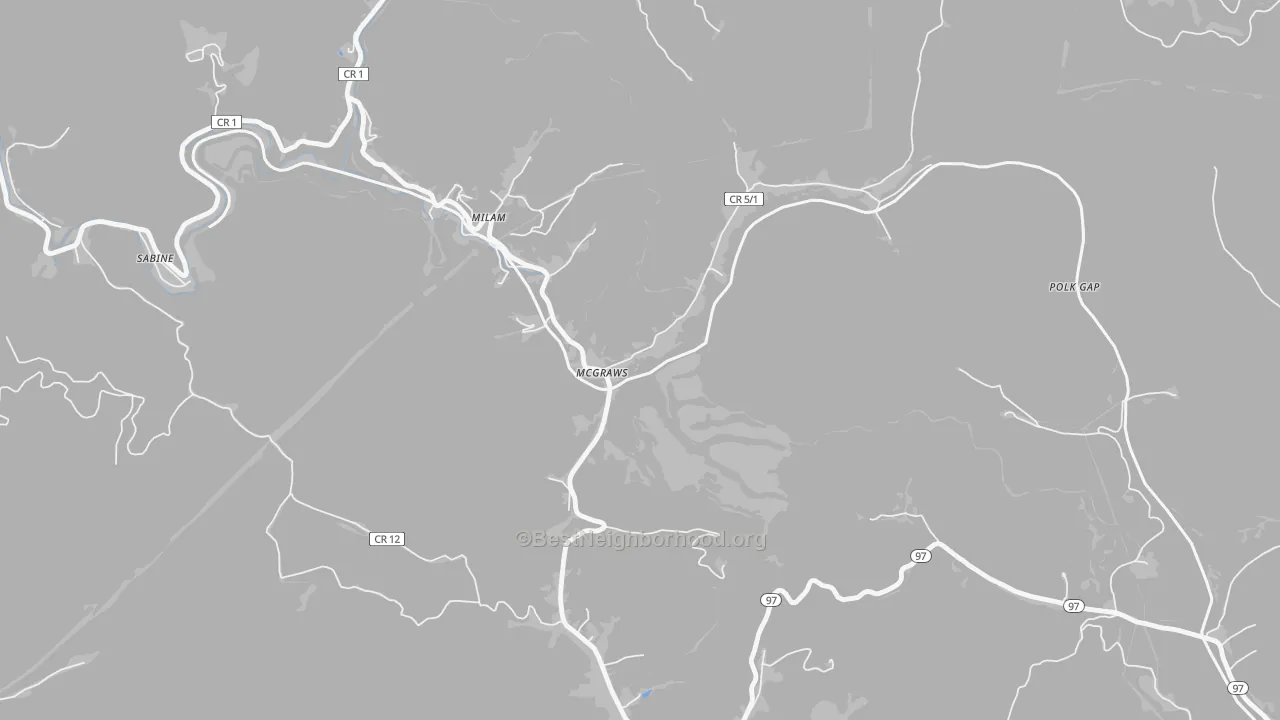 Walk Grade map of 25875, WV, walkable areas in green and car-dependent areas in red