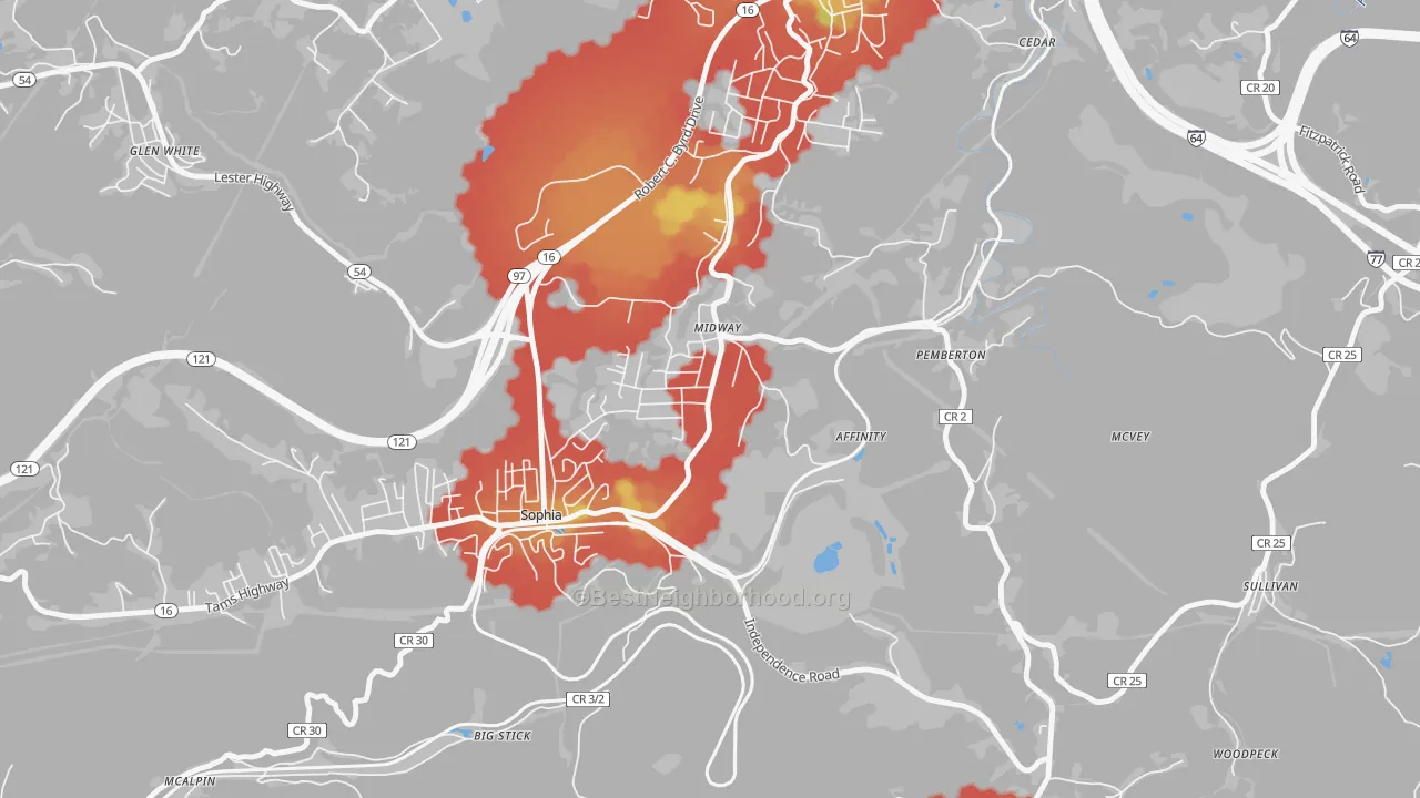 Walk Grade map of 25878, WV, walkable areas in green and car-dependent areas in red
