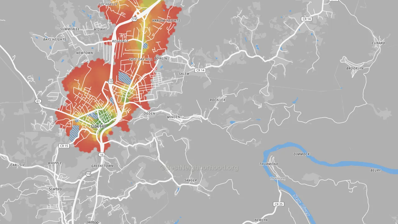 Walk Grade map of 25879, WV, walkable areas in green and car-dependent areas in red