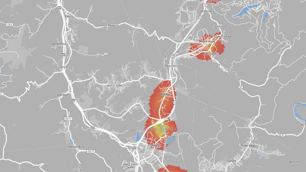 Walk Grade map of 25880, WV, walkable areas in green and car-dependent areas in red