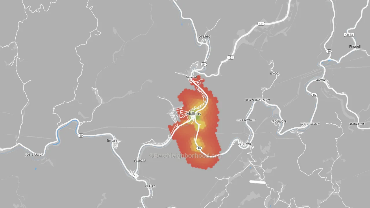 Walk Grade map of 25882, WV, walkable areas in green and car-dependent areas in red
