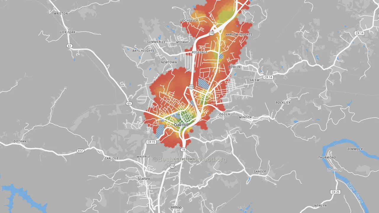 Walk Grade map of 25901, WV, walkable areas in green and car-dependent areas in red