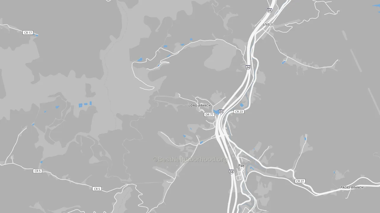 Walk Grade map of 25904, WV, walkable areas in green and car-dependent areas in red
