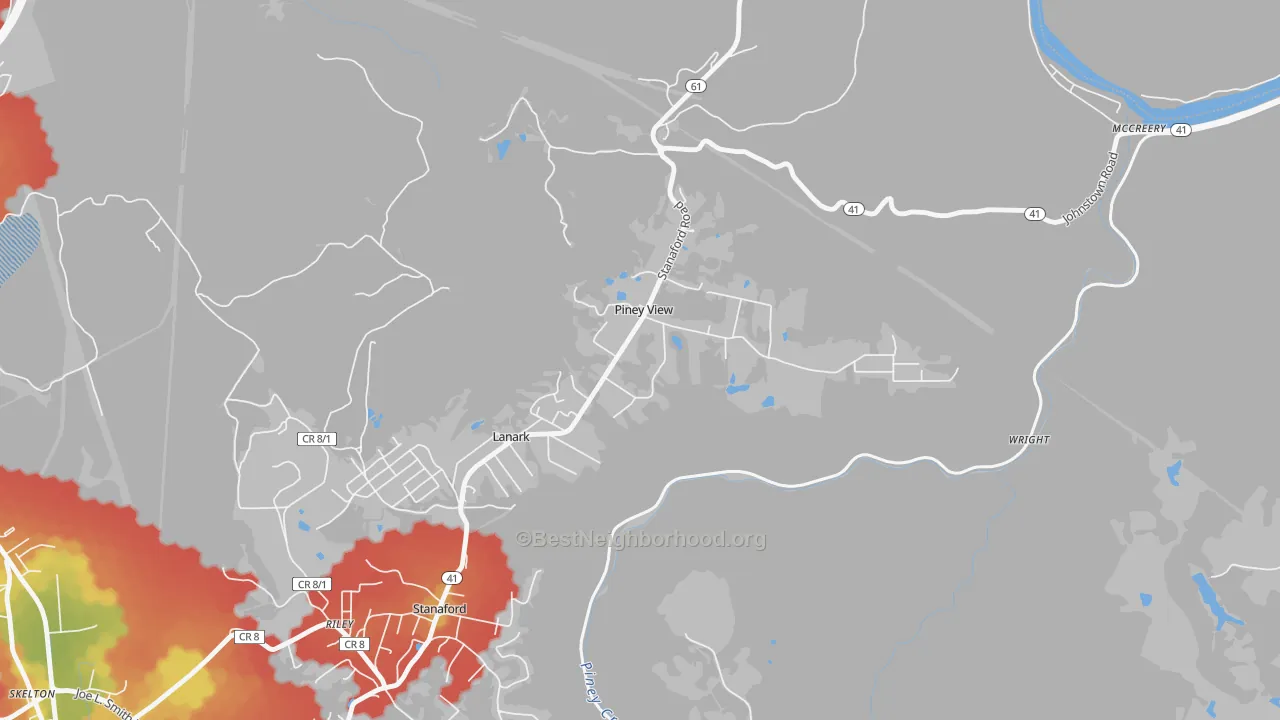 Walk Grade map of 25906, WV, walkable areas in green and car-dependent areas in red
