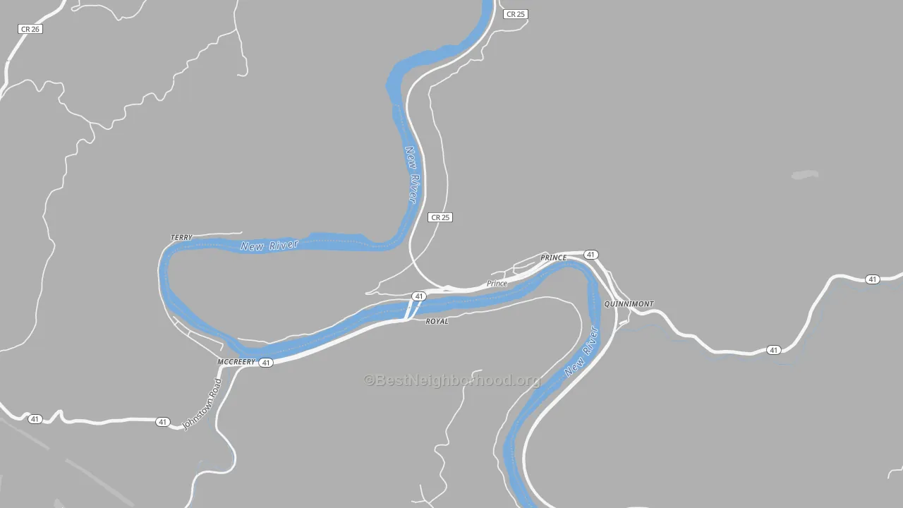Walk Grade map of 25907, WV, walkable areas in green and car-dependent areas in red