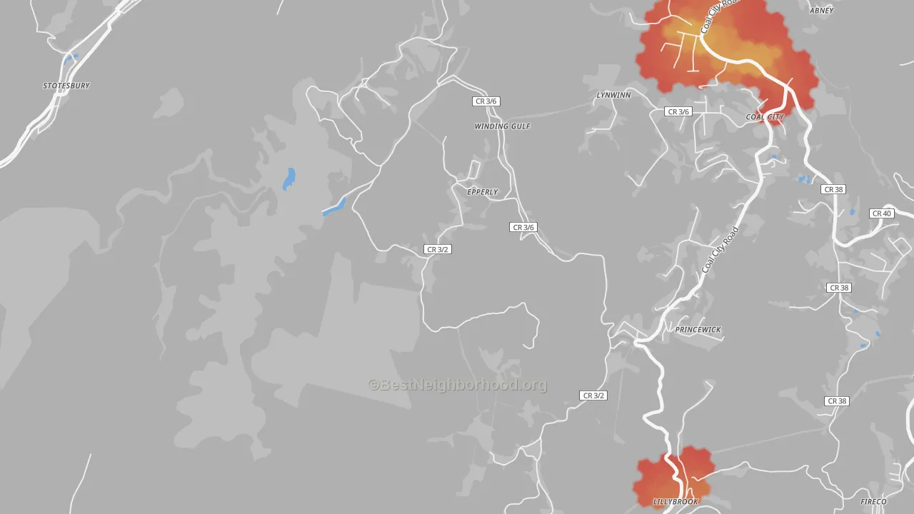 Walk Grade map of 25908, WV, walkable areas in green and car-dependent areas in red
