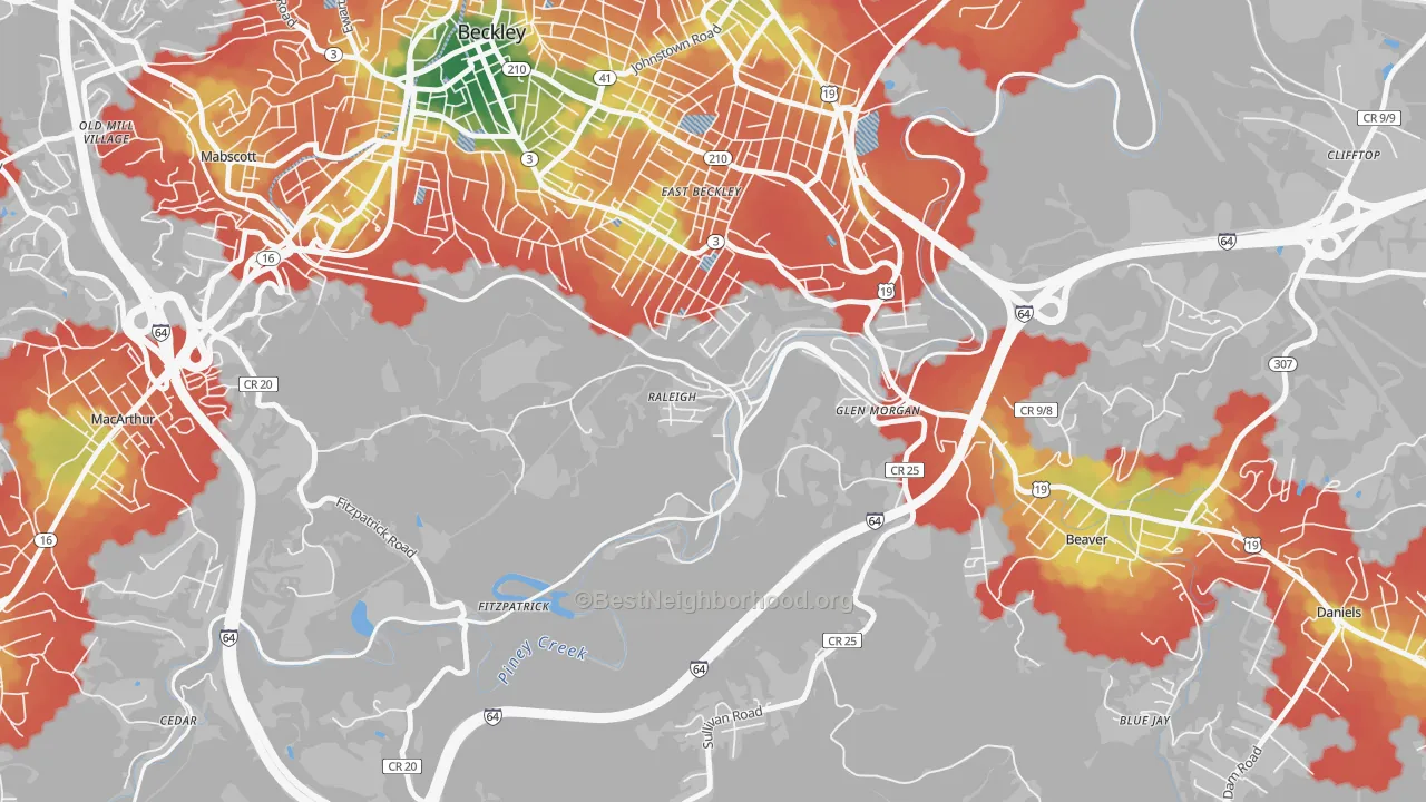 Walk Grade map of 25911, WV, walkable areas in green and car-dependent areas in red