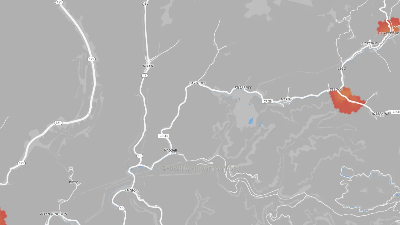 Walk Grade map of 25915, WV, walkable areas in green and car-dependent areas in red