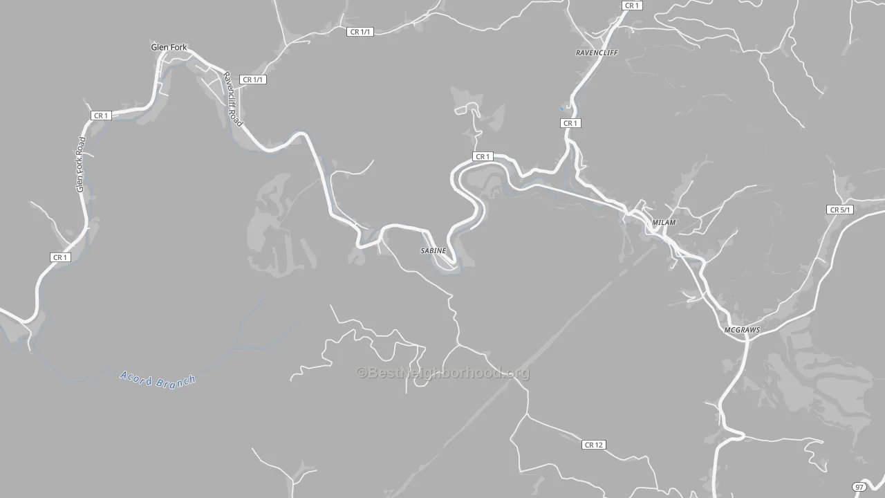Walk Grade map of 25916, WV, walkable areas in green and car-dependent areas in red