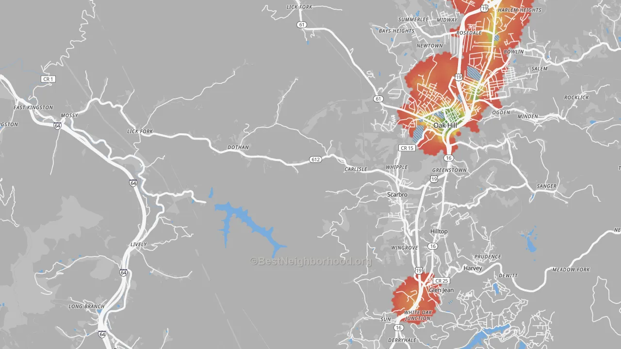 Walk Grade map of 25917, WV, walkable areas in green and car-dependent areas in red