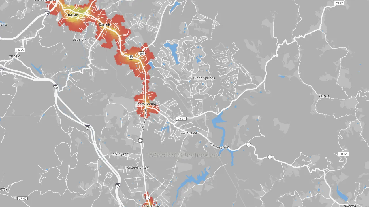Walk Grade map of 25918, WV, walkable areas in green and car-dependent areas in red