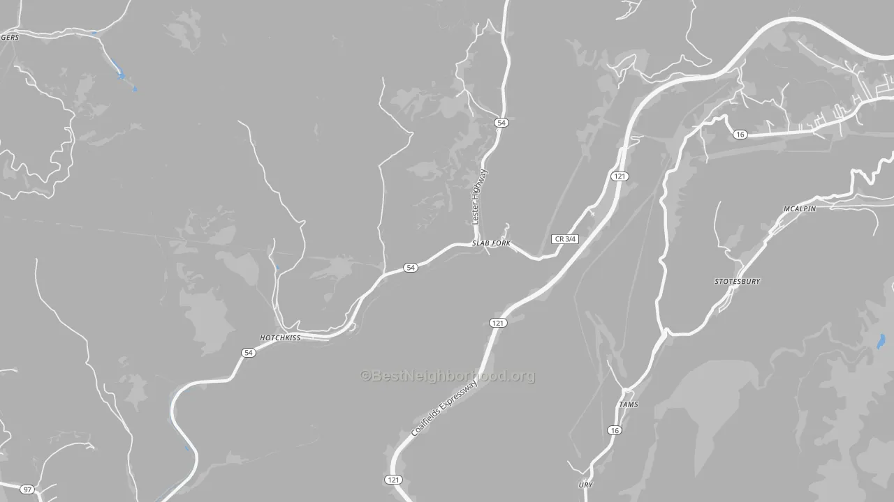 Walk Grade map of 25920, WV, walkable areas in green and car-dependent areas in red