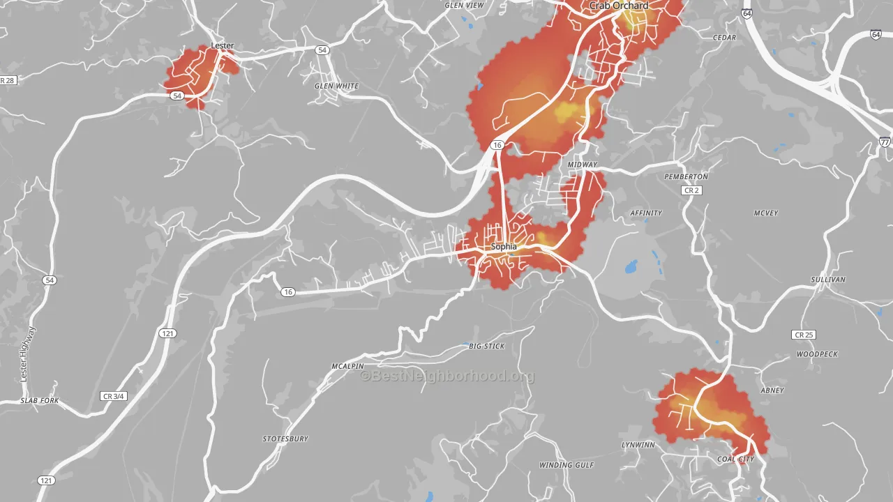 Walk Grade map of 25921, WV, walkable areas in green and car-dependent areas in red