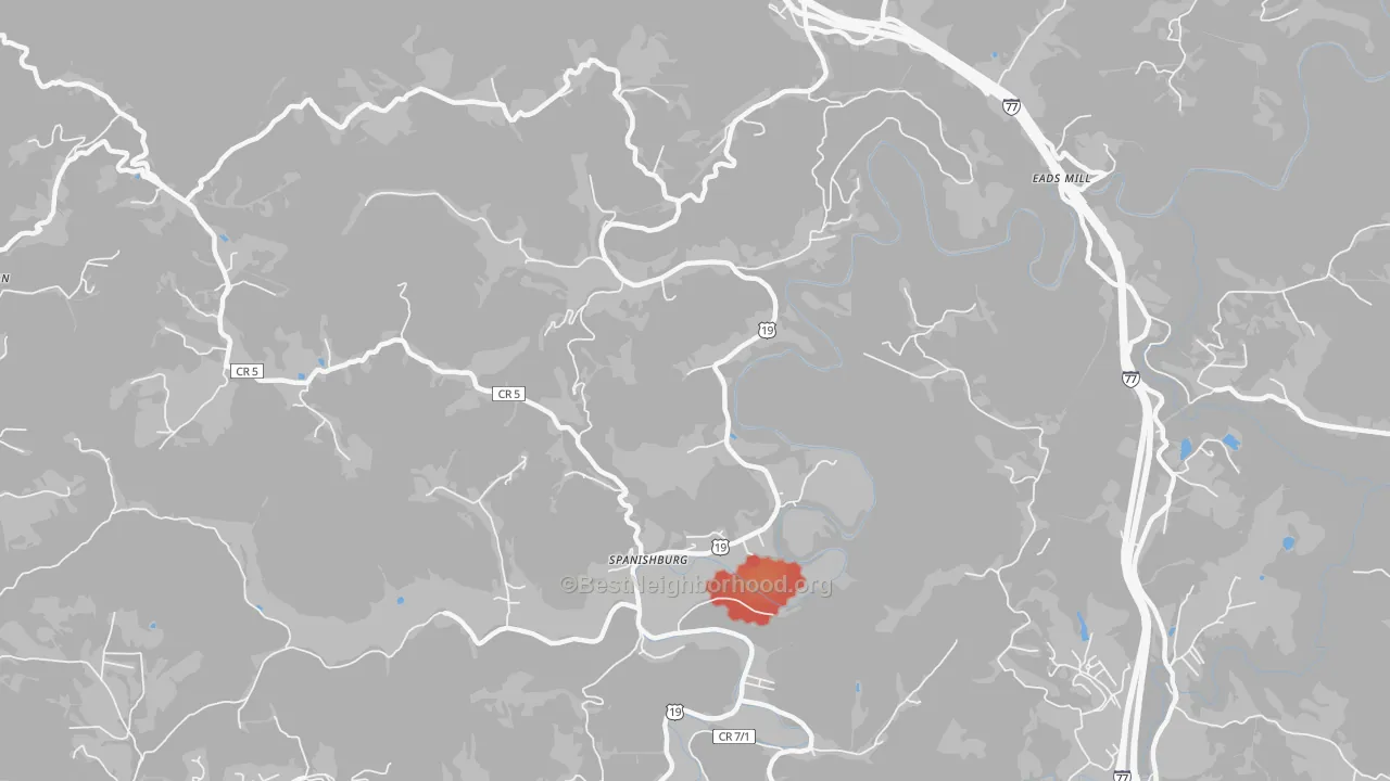 Walk Grade map of 25922, WV, walkable areas in green and car-dependent areas in red