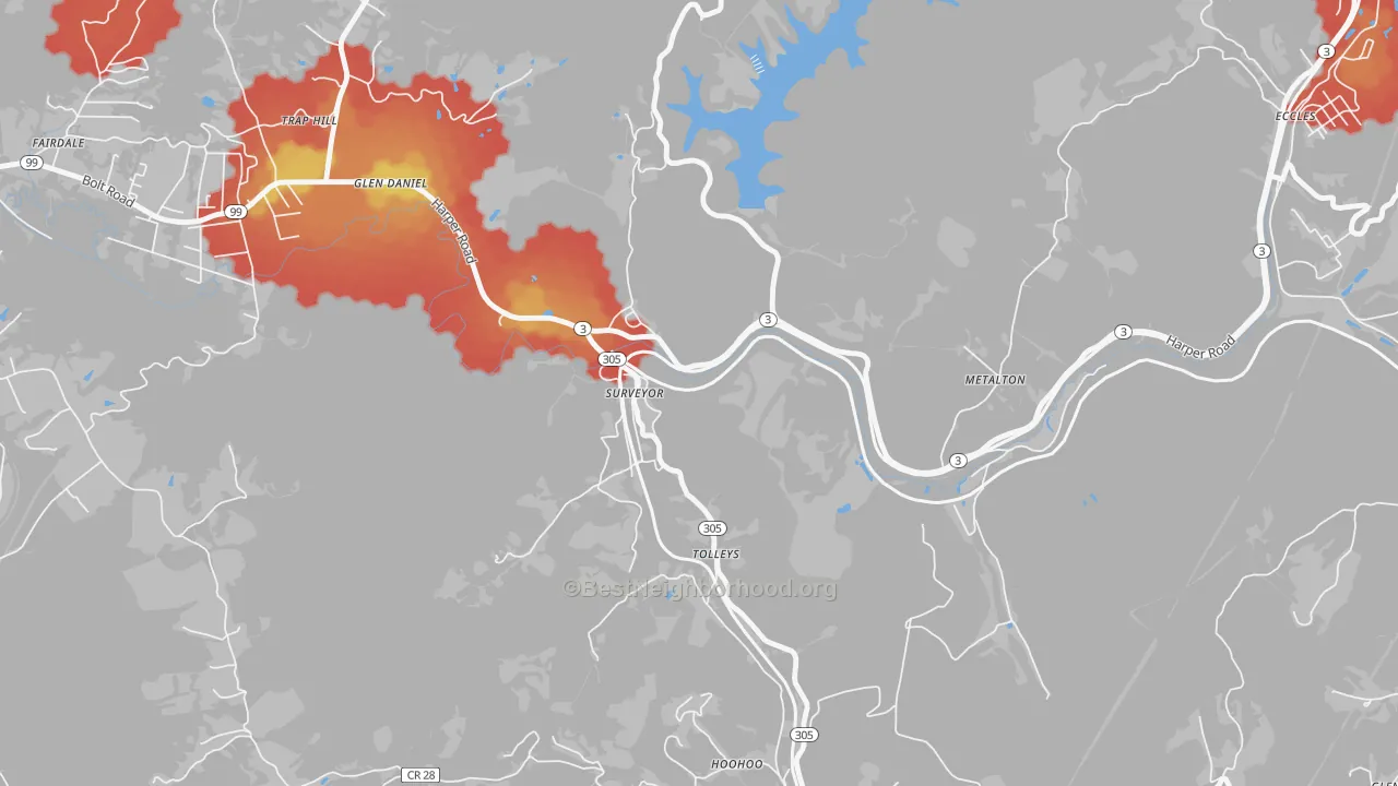Walk Grade map of 25932, WV, walkable areas in green and car-dependent areas in red