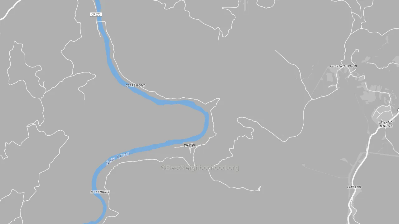 Walk Grade map of 25936, WV, walkable areas in green and car-dependent areas in red