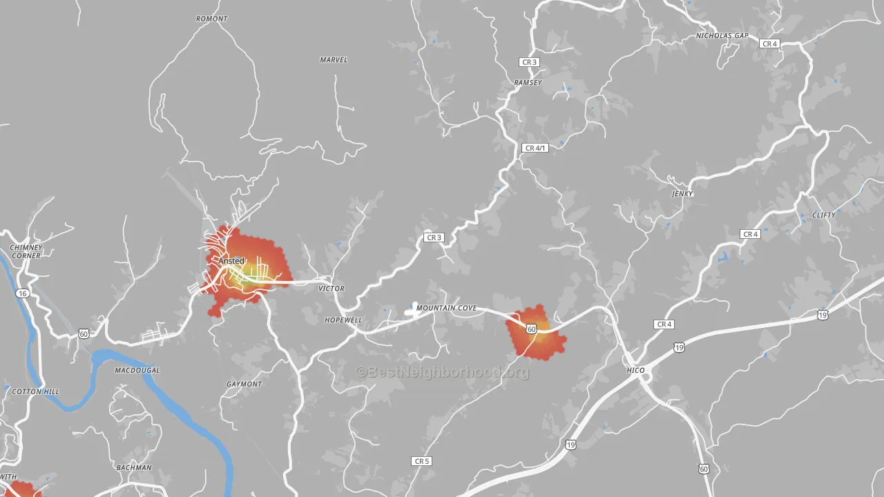 Walk Grade map of 25938, WV, walkable areas in green and car-dependent areas in red