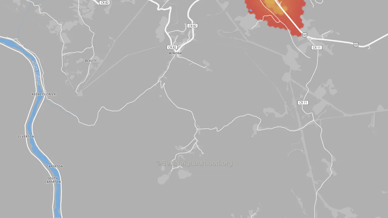 Walk Grade map of 25942, WV, walkable areas in green and car-dependent areas in red