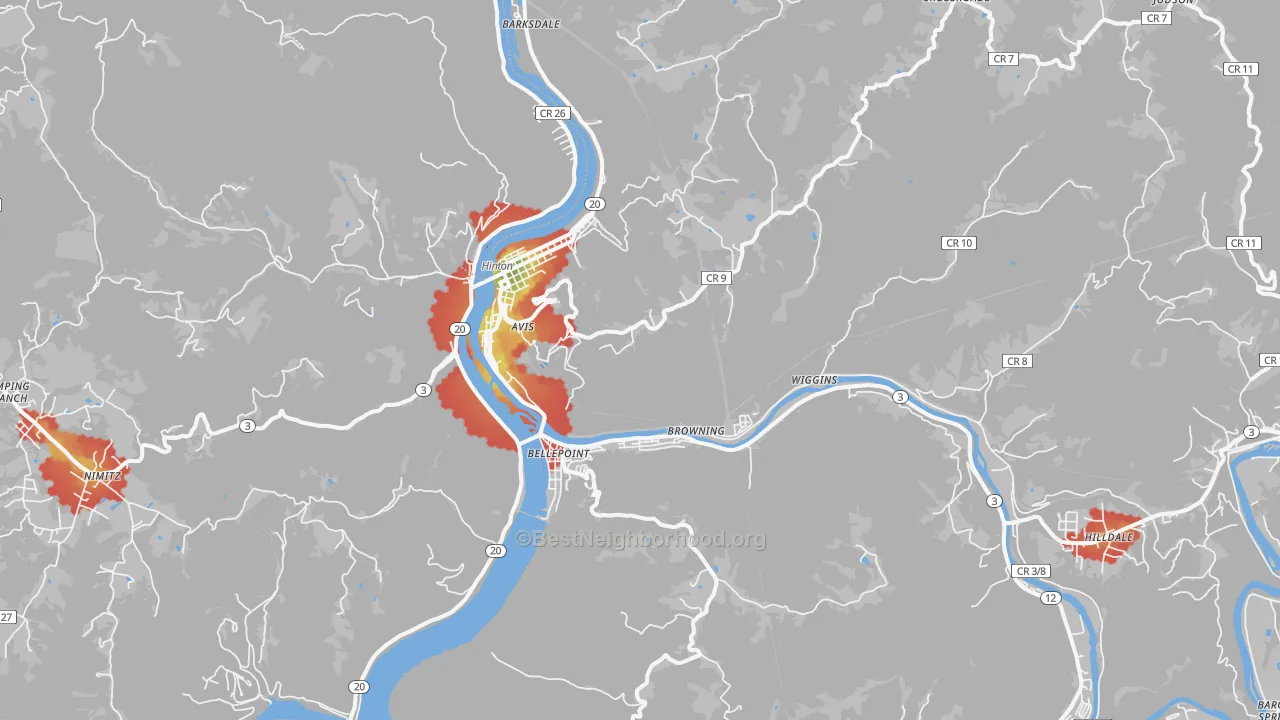 Walk Grade map of 25951, WV, walkable areas in green and car-dependent areas in red