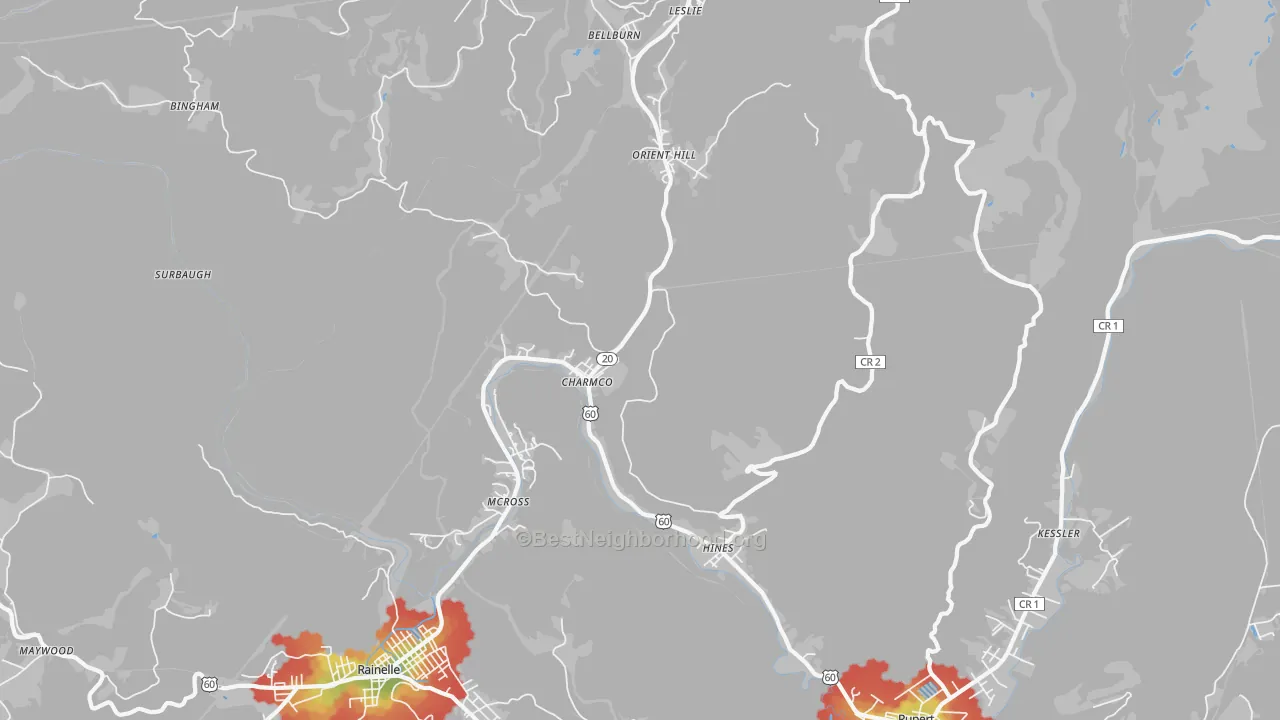 Walk Grade map of 25958, WV, walkable areas in green and car-dependent areas in red