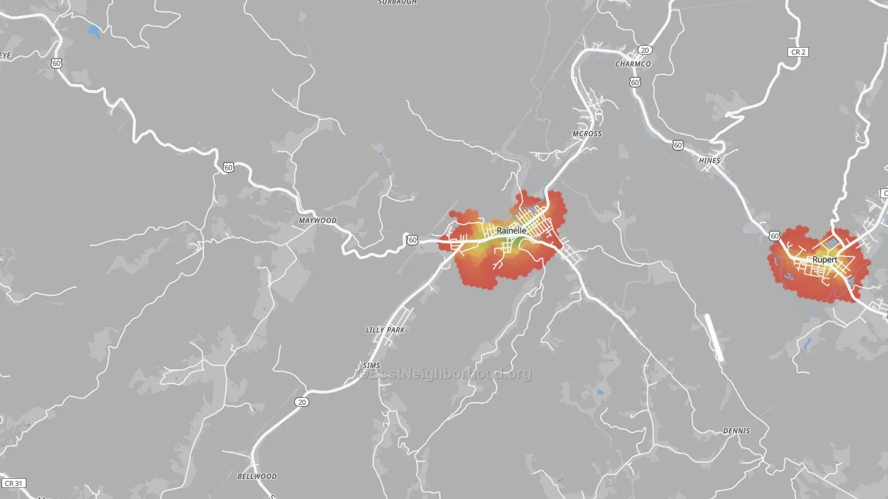 Walk Grade map of 25962, WV, walkable areas in green and car-dependent areas in red