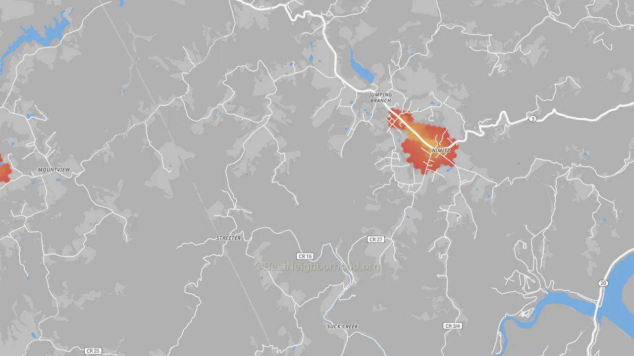 Walk Grade map of 25969, WV, walkable areas in green and car-dependent areas in red