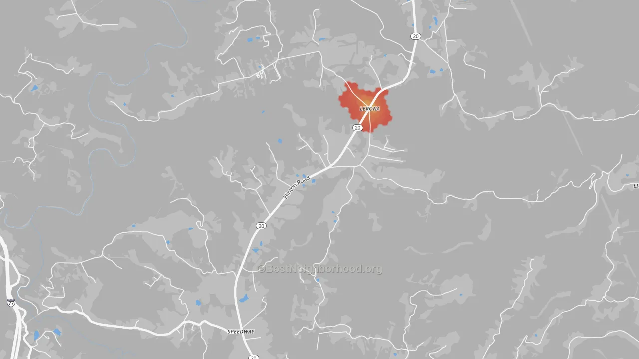 Walk Grade map of 25971, WV, walkable areas in green and car-dependent areas in red