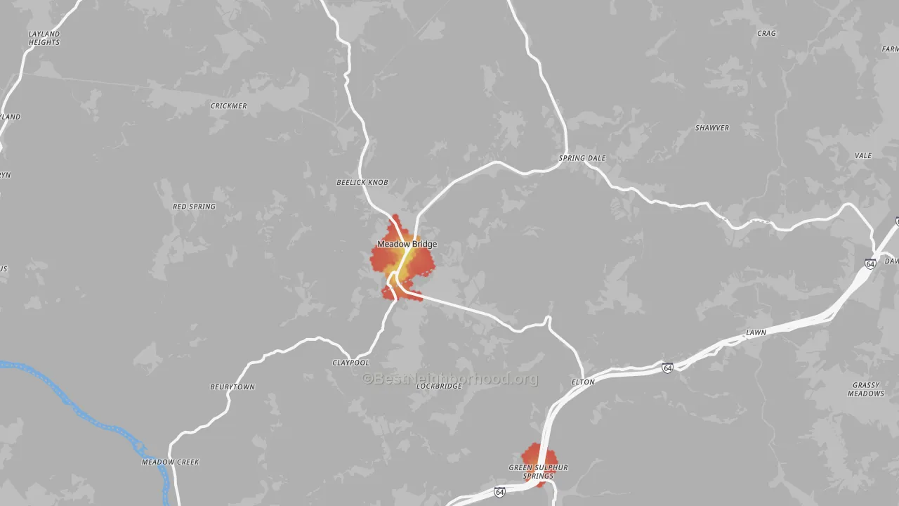 Walk Grade map of 25976, WV, walkable areas in green and car-dependent areas in red